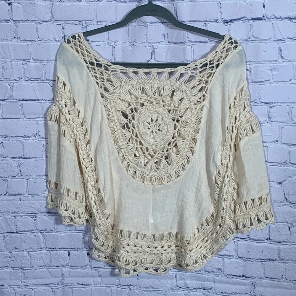 Rebellion Womens Boat Neck Crochet Loose Fit Top Cream Size M Boho Festival